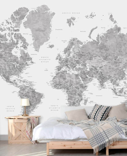 mural de mapa del mundo con ciudades en gris