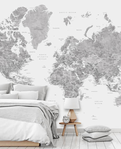 murale con mappa del mondo con città in grigio