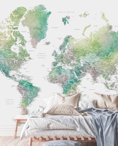world map wall mural with cities in jewel tones