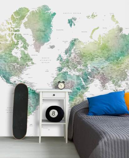 mural de pared con mapa del mundo con ciudades en tonos joya