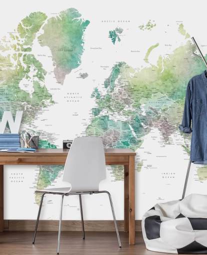 world map wall mural with cities in jewel tones