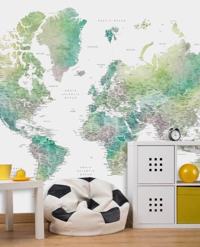 world map wall mural with cities in jewel tones