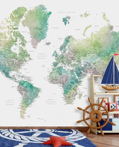 world map wall mural with cities in jewel tones