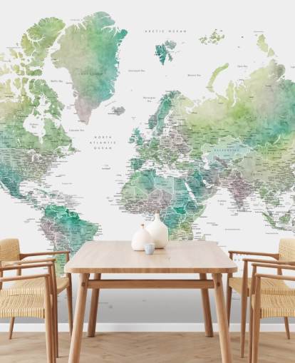 mural de pared con mapa del mundo con ciudades en tonos joya