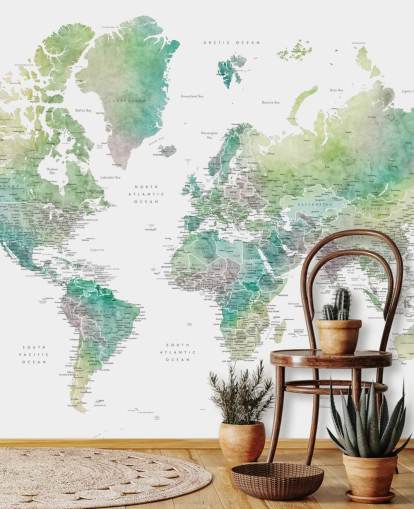world map wall mural with cities in jewel tones