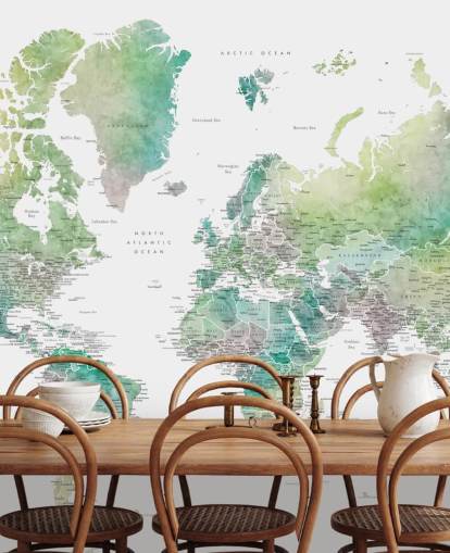 world map wall mural with cities in jewel tones