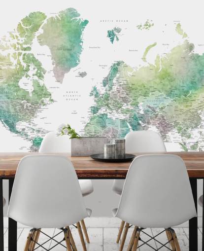 world map wall mural with cities in jewel tones