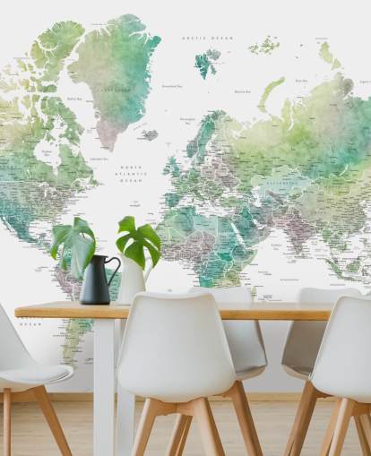 mural de pared con mapa del mundo con ciudades en tonos joya