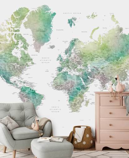 mural de parede do mapa-múndi com cidades em tons de joias