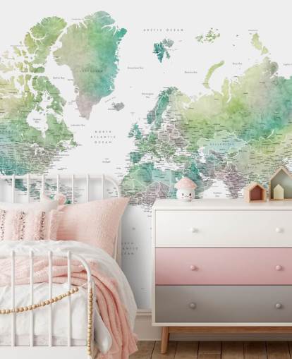 mural de parede do mapa-múndi com cidades em tons de joias