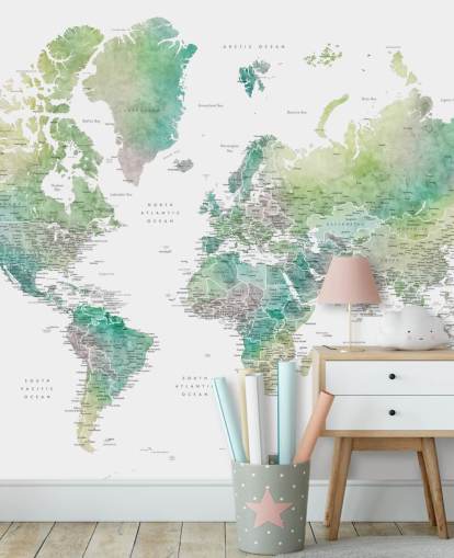 world map wall mural with cities in jewel tones