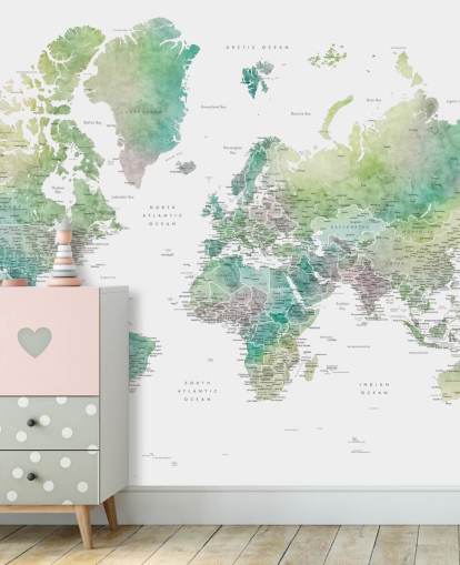 world map wall mural with cities in jewel tones