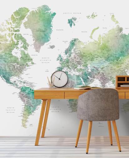 world map wall mural with cities in jewel tones