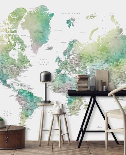 mural de pared con mapa del mundo con ciudades en tonos joya