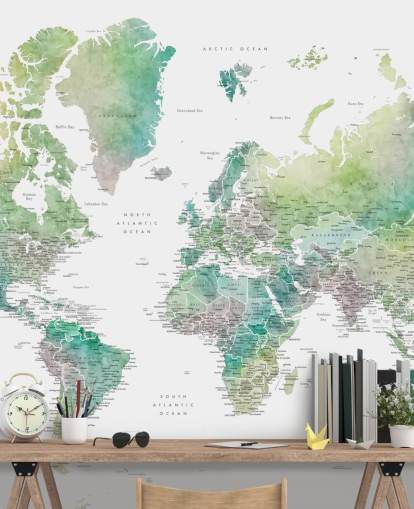world map wall mural with cities in jewel tones