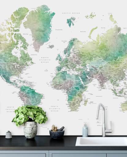 world map wall mural with cities in jewel tones