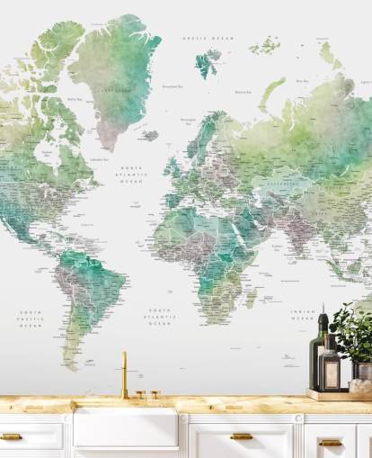 world map wall mural with cities in jewel tones
