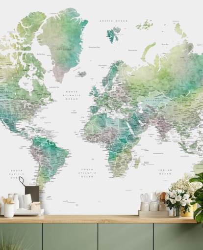 world map wall mural with cities in jewel tones