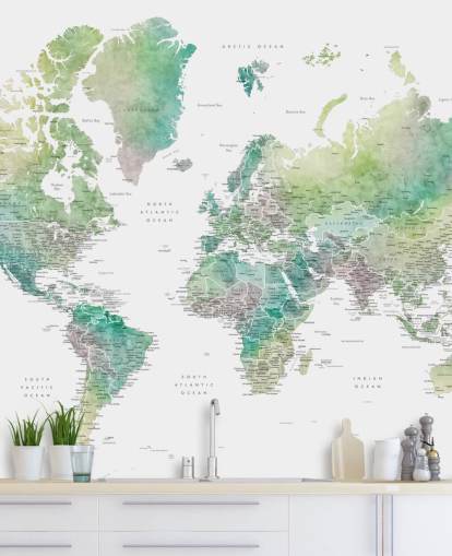 world map wall mural with cities in jewel tones