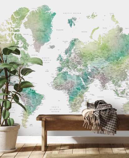 world map wall mural with cities in jewel tones