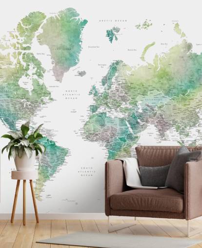 mural de pared con mapa del mundo con ciudades en tonos joya
