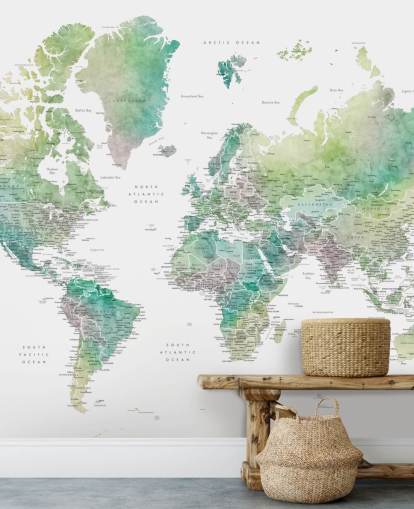 mural de parede do mapa-múndi com cidades em tons de joias