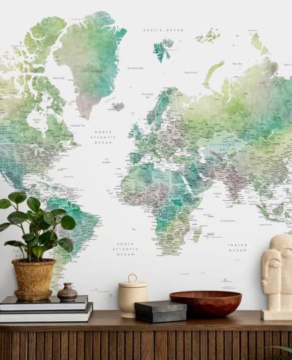 mural de pared con mapa del mundo con ciudades en tonos joya