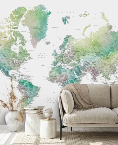 mural de pared con mapa del mundo con ciudades en tonos joya