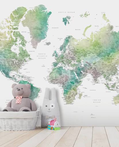 mural de pared con mapa del mundo con ciudades en tonos joya