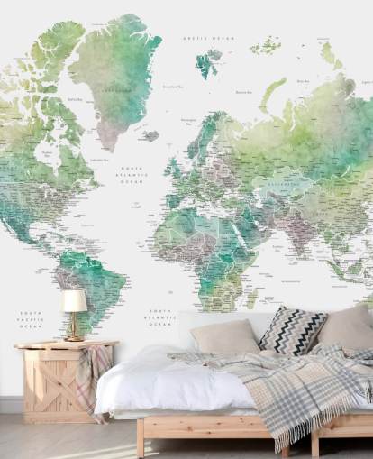 mural de pared con mapa del mundo con ciudades en tonos joya