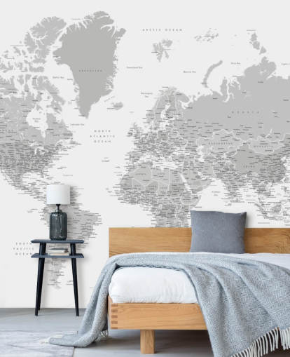 mural de mapa del mundo con ciudades en gris claro