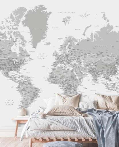 world map mural with cities in light grey