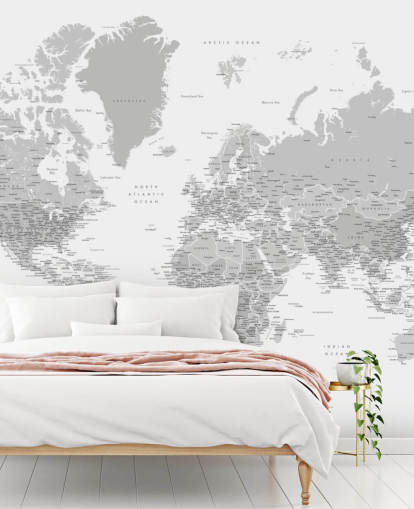 world map mural with cities in light gray