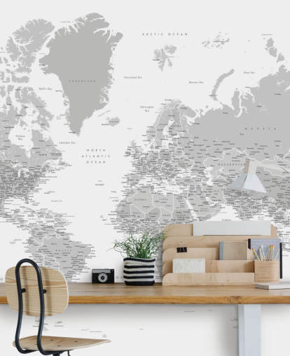 world map mural with cities in light grey