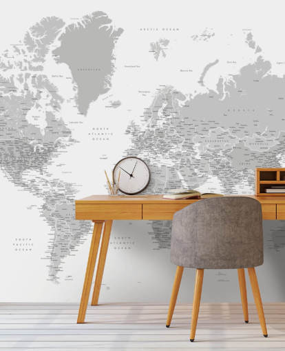 murale con mappa del mondo con città in grigio chiaro