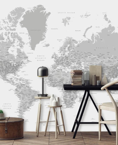 murale con mappa del mondo con città in grigio chiaro murale con mappa del mondo con città in grigio chiaro