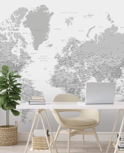 mural de mapa del mundo con ciudades en gris claro
