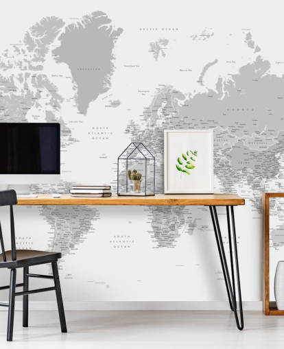 world map mural with cities in light gray