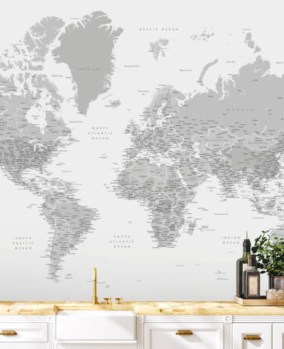 world map mural with cities in light grey world map mural with cities in light grey