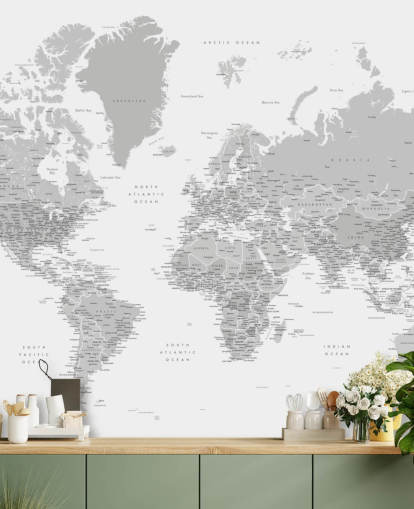 world map mural with cities in light grey world map mural with cities in light grey