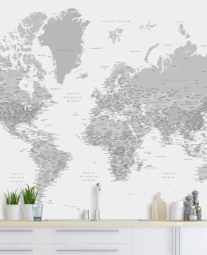 world map mural with cities in light grey