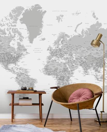murale con mappa del mondo con città in grigio chiaro