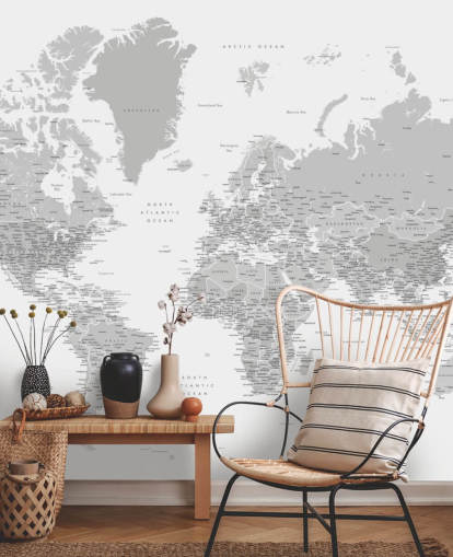 world map mural with cities in light grey