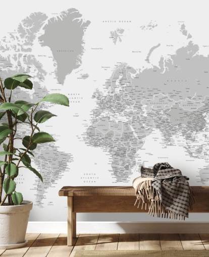 carte du monde murale avec des villes en gris clair