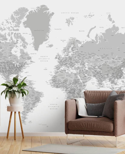 murale con mappa del mondo con città in grigio chiaro murale con mappa del mondo con città in grigio chiaro
