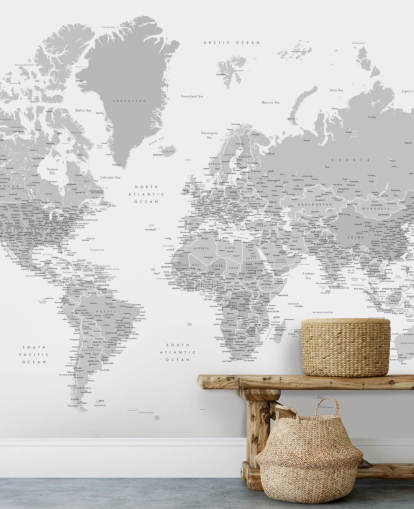 world map mural with cities in light grey