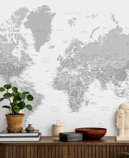 world map mural with cities in light grey