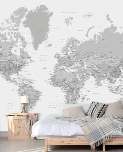 murale con mappa del mondo con città in grigio chiaro murale con mappa del mondo con città in grigio chiaro