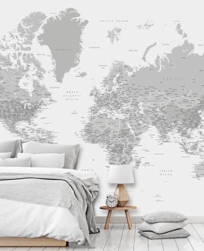 carte du monde murale avec des villes en gris clair