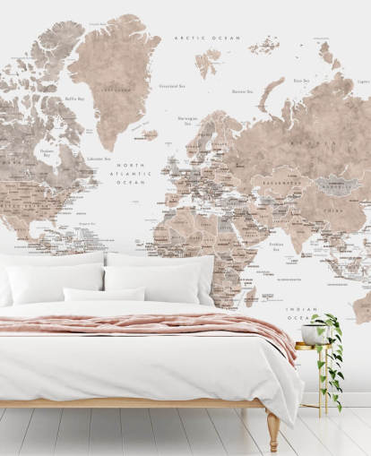 world map mural with cities in neutral colours